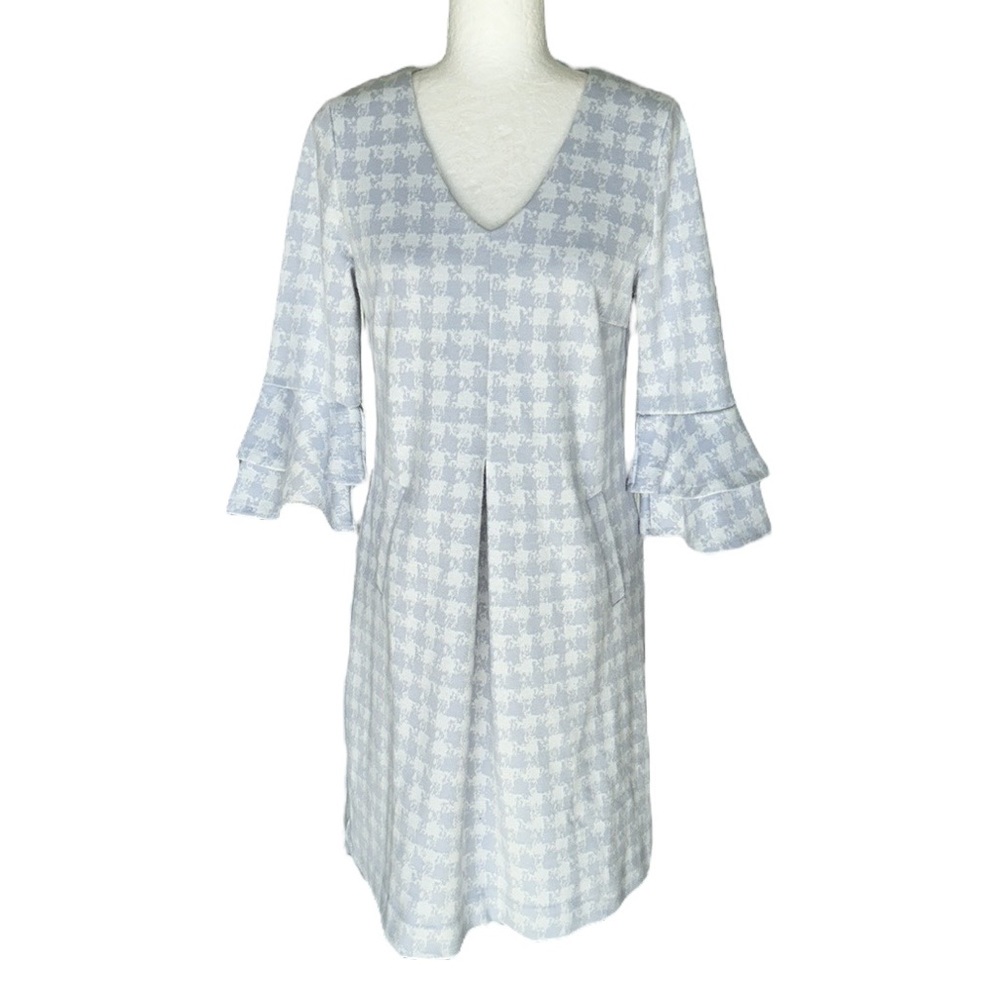 Tyler Boe Blue & White Houndstooth Gingham Print Bell Sleeve Knit Mini Dress - S